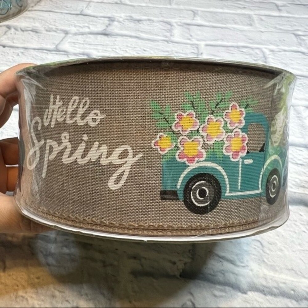 Premium ribbon, Hello Spring Floral Vintage Truck Teal cursive tires